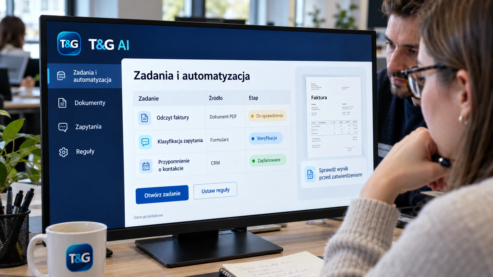 Moduły AI w aplikacji — Przykładowy panel T&G — wizualizacja zastosowania.