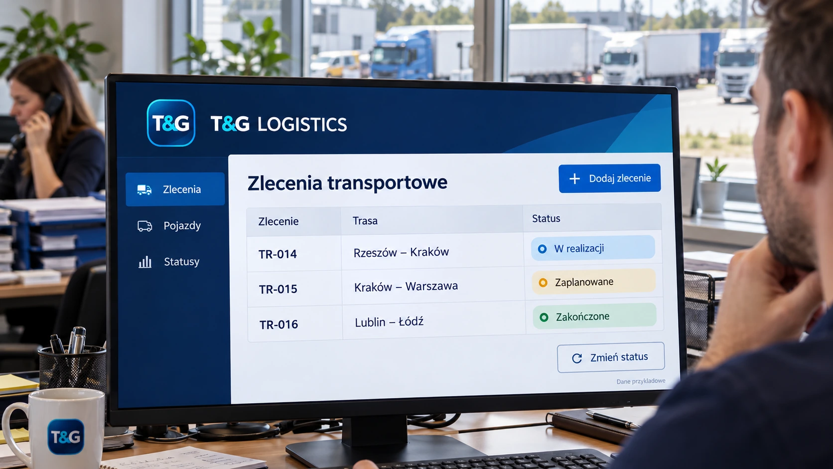 Przykładowy panel T&G — wizualizacja zastosowania. System zleceń transportowych i operacji magazynu