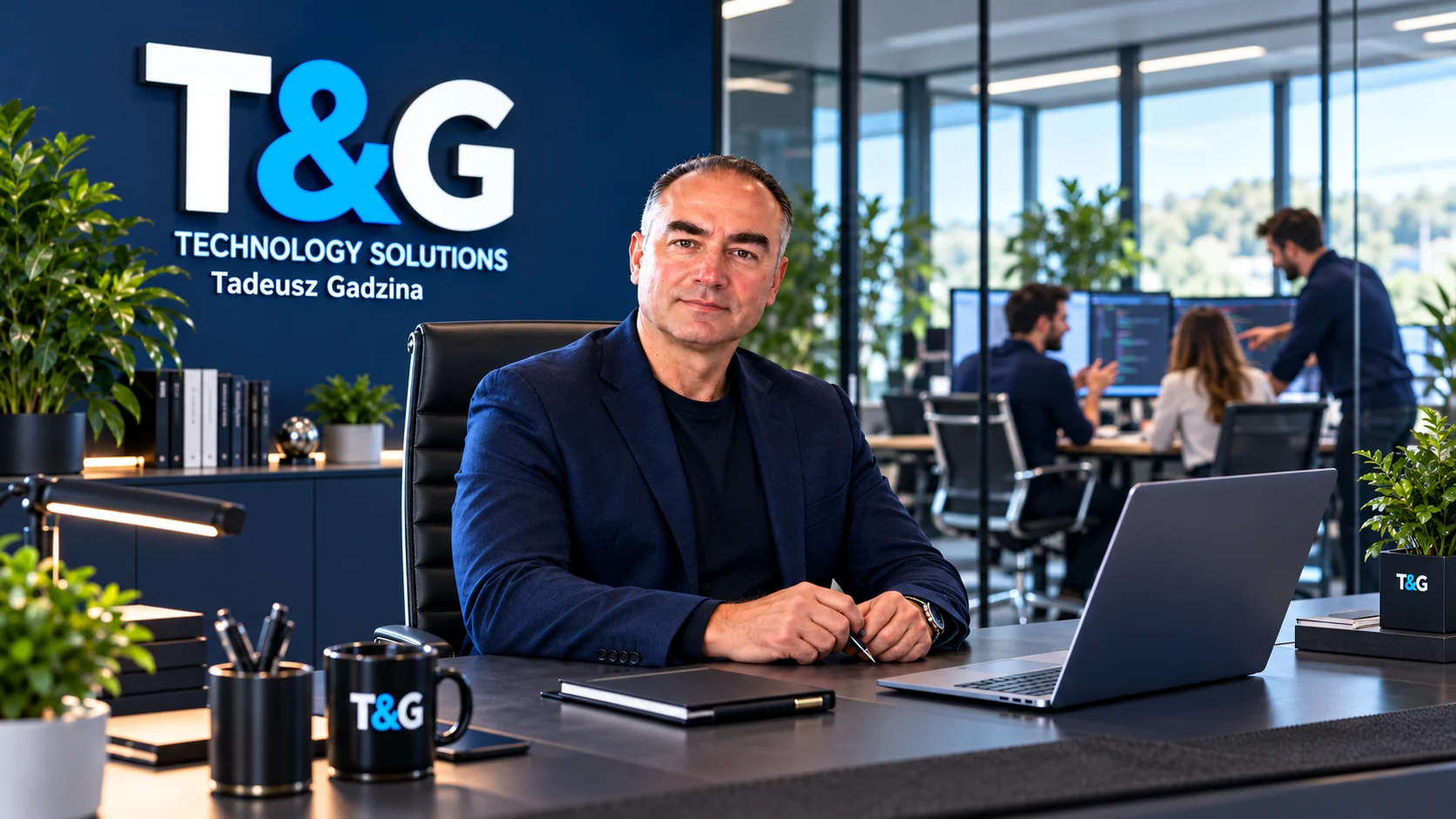Tadeusz Gadzina w biurze T&G z zespołem — wizualizacja marki